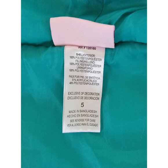 Little Lass Girls Hooded Quilted Vest With Faux Fur Trim Size 5 Teal With Heart - Picture 4 of 5